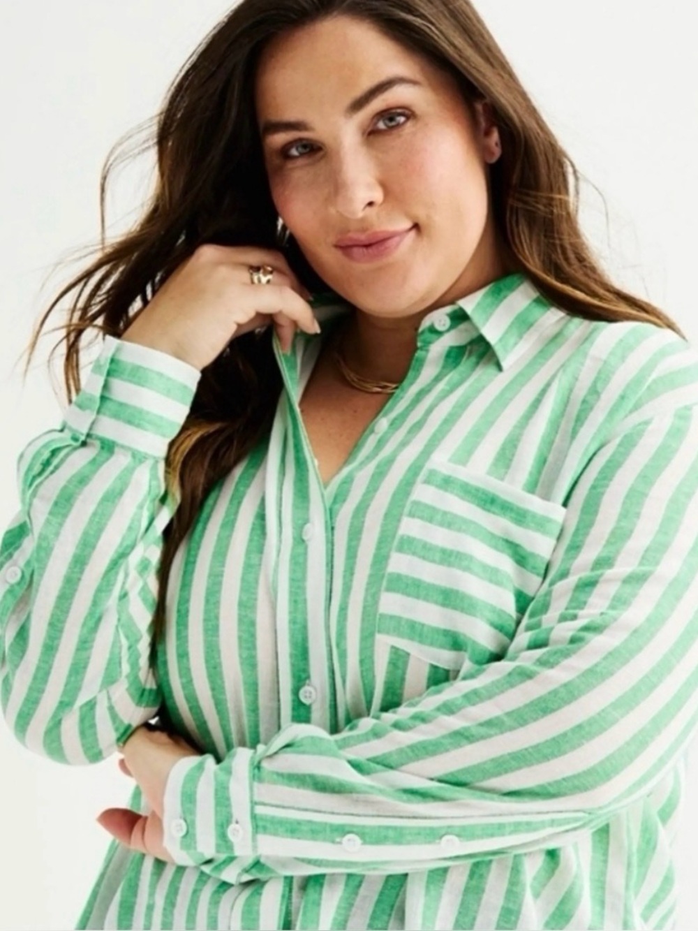 Sonoma Green and White Vertical Stripe Button-Down Shirt